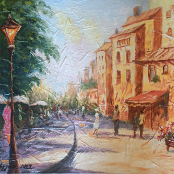 Painting titled "Small Cafe-2 (40x50…" by Raffik Qeshishyan, Original Artwork, Oil Mounted on Wood Stretcher frame