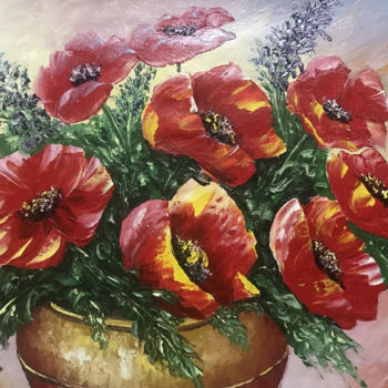 Painting titled "Red poppies (40x60c…" by Raffik Qeshishyan, Original Artwork, Oil Mounted on Wood Stretcher frame