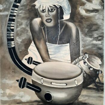 Peinture intitulée "Africaine et instru…" par G. Rafiou (Nom D'Artiste), Œuvre d'art originale, Huile