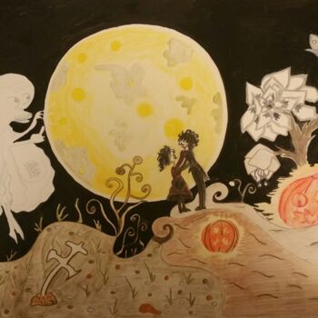 Schilderij getiteld "Love on Halloween,…" door Agnia Werbitzky, Origineel Kunstwerk, Aquarel