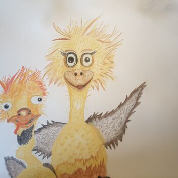 Peinture intitulée "Happy Ostrichs, con…" par Agnia Werbitzky, Œuvre d'art originale, Aquarelle