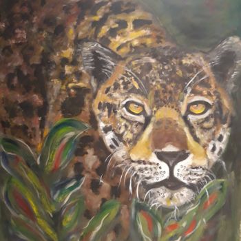 Painting titled "Panthère du Pantanal" by Mona Louise, Original Artwork, Oil Mounted on Wood Stretcher frame