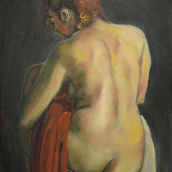 Painting titled "Back of a Lady with…" by Raija Merilä, Original Artwork, Oil