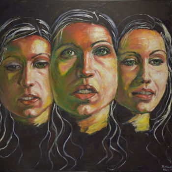 Painting titled "Three Faces 1" by Raija Merilä, Original Artwork, Oil