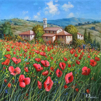 Painting titled "Red wildflowers - T…" by Raimondo Pacini, Original Artwork, Oil Mounted on Wood Stretcher frame
