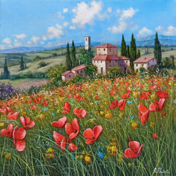 Painting titled "Hill with wildflowe…" by Raimondo Pacini, Original Artwork, Oil Mounted on Wood Stretcher frame