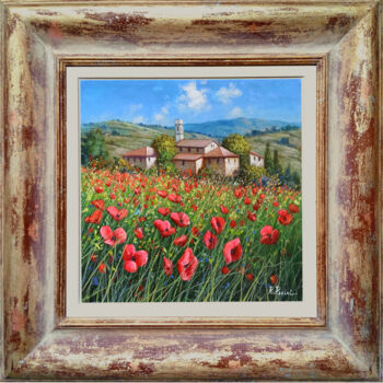 Painting titled "Red wildflowers - T…" by Raimondo Pacini, Original Artwork, Oil Mounted on Wood Stretcher frame