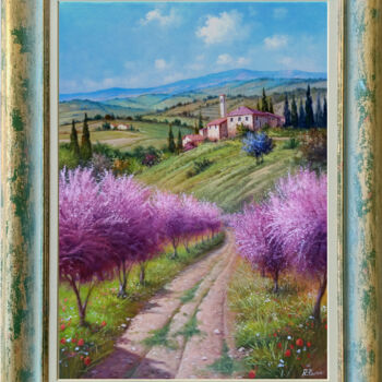 Painting titled "Path between peach…" by Raimondo Pacini, Original Artwork, Oil Mounted on Wood Stretcher frame