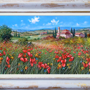 Painting titled "Field of colorful f…" by Raimondo Pacini, Original Artwork, Oil Mounted on Wood Stretcher frame