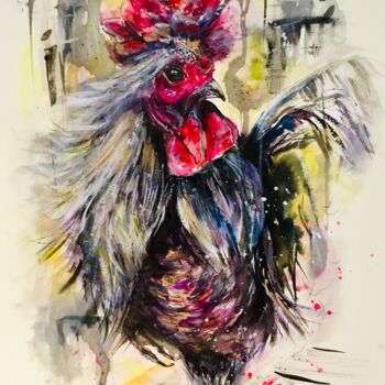 Картина под названием "Silver rooster" - Raissa Kagan, Подлинное произведение искусства, Акварель