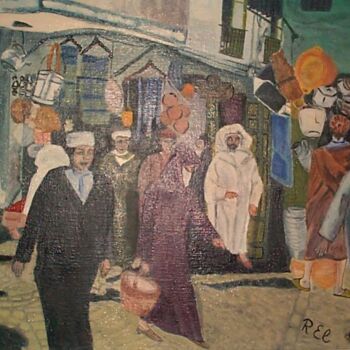 Peinture intitulée "Scène de souk" par Raja El Ouadili, Œuvre d'art originale, Huile