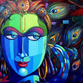 Painting titled "Lord krishna with h…" by Raja G.Manohar, Original Artwork, Acrylic