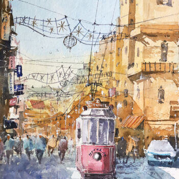 Pittura intitolato "Istanbul Tram" da Rajan Dey, Opera d'arte originale, Acquarello