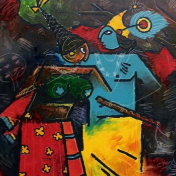 Painting titled "Krishna with Radha" by Rajesh Chand, Original Artwork, Oil