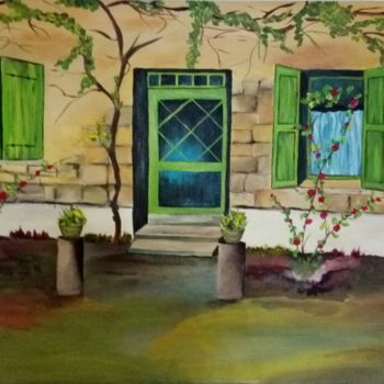 Painting titled "Les fenêtres vertes" by Rakia Hasni, Original Artwork, Acrylic