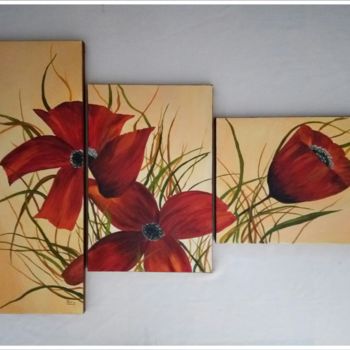 Peinture intitulée "Triptyque -fleurs r…" par Rakia Hasni, Œuvre d'art originale