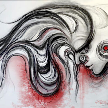 Drawing titled "Demon of Love" by Rakia Raza, Original Artwork, Charcoal Mounted on Cardboard