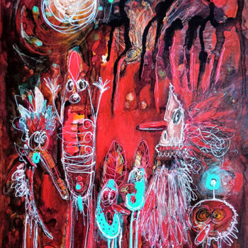 Schilderij getiteld "Ludy czerwone" door Justyna Ralicka, Origineel Kunstwerk, Acryl Gemonteerd op Andere stijve panelen