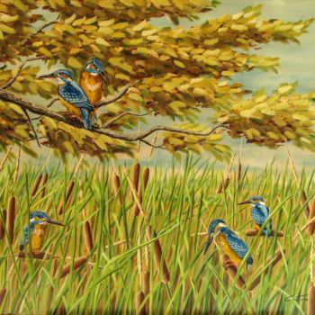 Malarstwo zatytułowany „kingfishers birds” autorstwa Caetano Ramalho, Oryginalna praca, Olej