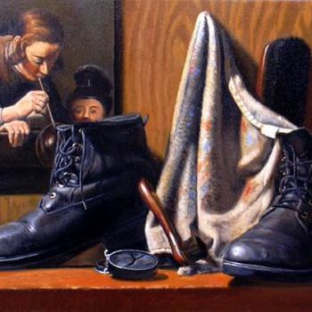 Painting titled "Shoe Shine with Cha…" by Robert Mehling, Original Artwork, Oil