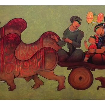 Malarstwo zatytułowany „Bullock cart-8” autorstwa Ramesh Gujar, Oryginalna praca, Akryl