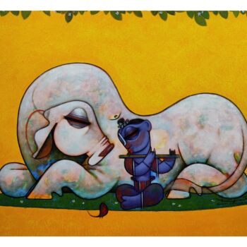 Malarstwo zatytułowany „Krishna with cow 53” autorstwa Ramesh Gujar, Oryginalna praca, Akryl
