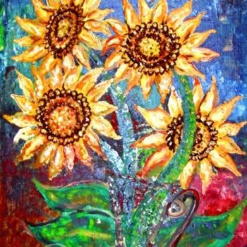 Painting titled "Sunflowers in a Vase" by Rami Benatar, Original Artwork, Oil