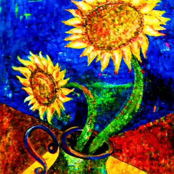 Painting titled "Two Sunflowers in a…" by Rami Benatar, Original Artwork, Oil