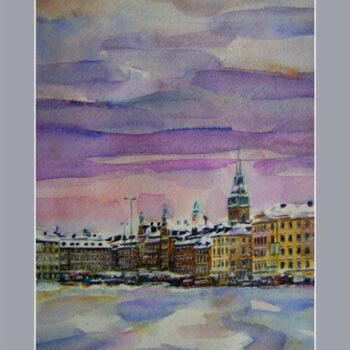 Painting titled "Stockholm in snow" by Ramin Kerimov, Original Artwork, Watercolor