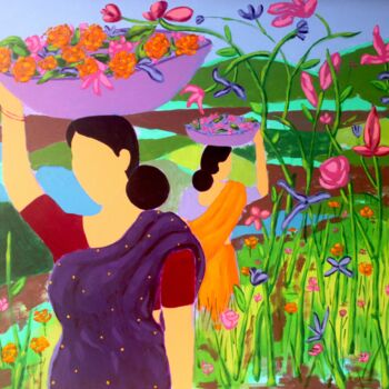 「Flower Farm」というタイトルの絵画 Ram Patilによって, オリジナルのアートワーク, アクリル