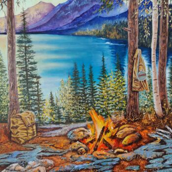 Painting titled "Nature's Campfire M…" by Ramzi Fathallah, Original Artwork, Oil Mounted on Wood Stretcher frame