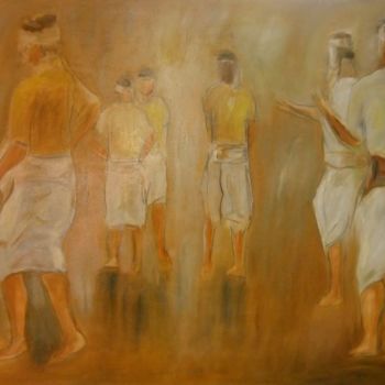 Painting titled "Bihu Male Dancers" by Ranjit Rongpi, Original Artwork, Oil