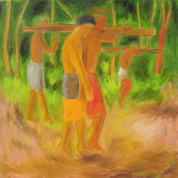 Painting titled "Loggers" by Ranjit Rongpi, Original Artwork, Oil