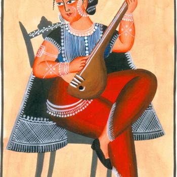 Painting titled "LADY PLAYING VEENA" by Ranjitava Biswas, Original Artwork, Watercolor