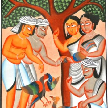 Картина под названием "COCK FIGHT IN TRIBA…" - Ranjitava Biswas, Подлинное произведение искусства, Акварель