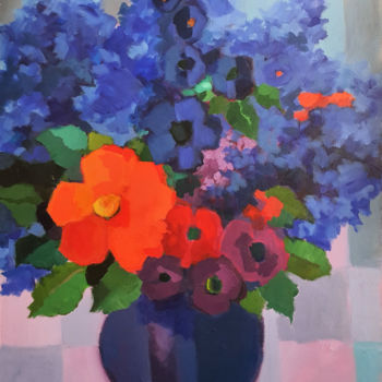 Painting titled "Fleurs bleues et ro…" by Raoul Bruckert, Original Artwork, Acrylic Mounted on Wood Stretcher frame