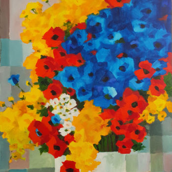 「Fleurs rouges bleue…」というタイトルの絵画 Raoul Bruckertによって, オリジナルのアートワーク, アクリル ウッドストレッチャーフレームにマウント