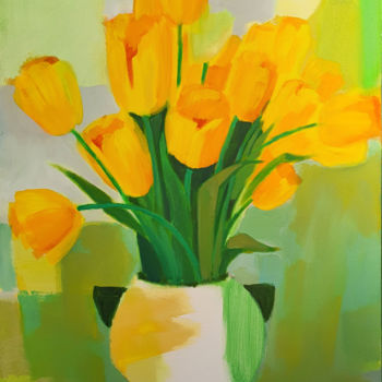 Painting titled "Tulipes jaunes" by Raoul Bruckert, Original Artwork, Acrylic Mounted on Wood Stretcher frame