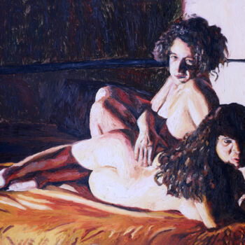 Pintura intitulada "two women on bed re…" por Raphael Perez, Obras de arte originais, Óleo