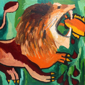 Painting titled "lion eat  a bird  e…" by Raphael Perez, Original Artwork, Acrylic