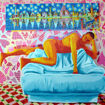 Peinture intitulée "male nude on sofa e…" par Raphael Perez, Œuvre d'art originale, Acrylique