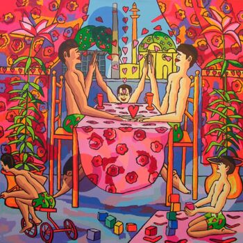 Painting titled "gay family on dinne…" by Raphael Perez, Original Artwork, Acrylic
