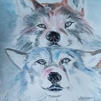 Malerei mit dem Titel "Les huskies" von Christel, Original-Kunstwerk, Aquarell