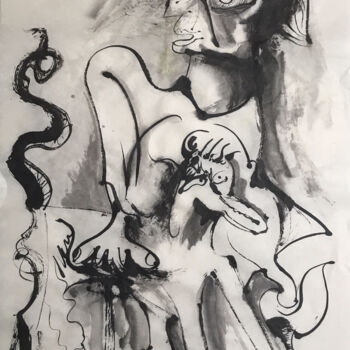 Painting titled "DAMA CON PERRO" by Raul Cañestro Caballero, Original Artwork, Ink