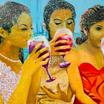 Painting titled "Bebedoras de vino" by Raúl Rubio, Original Artwork, Oil Mounted on Wood Stretcher frame