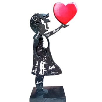 Sculpture titled "BANKSYWOOD kiss love" by Ravi, Original Artwork, Wood