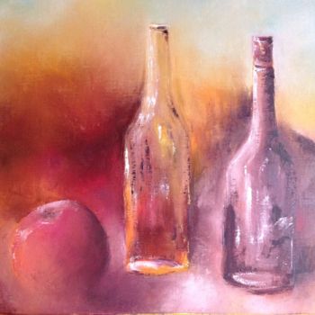 Painting titled "Bouteilles et pomme" by Raymonde Etcharry, Original Artwork, Oil