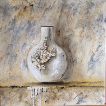 Pittura intitolato "Vase sur fond marbré" da Raymonde Etcharry, Opera d'arte originale, Olio