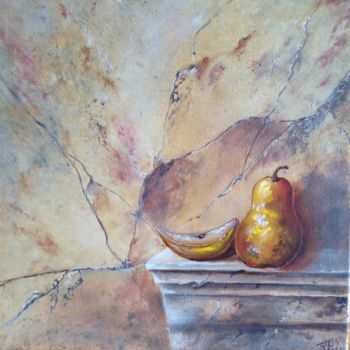 Peinture intitulée "Poire fond marbré" par Raymonde Etcharry, Œuvre d'art originale, Huile