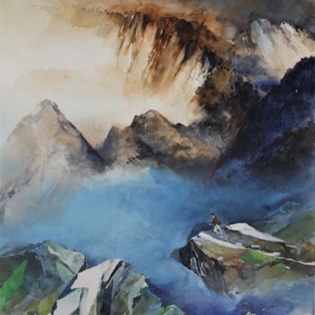 Painting titled "brume bleue épaisse" by Raymond Guibert, Original Artwork, Watercolor